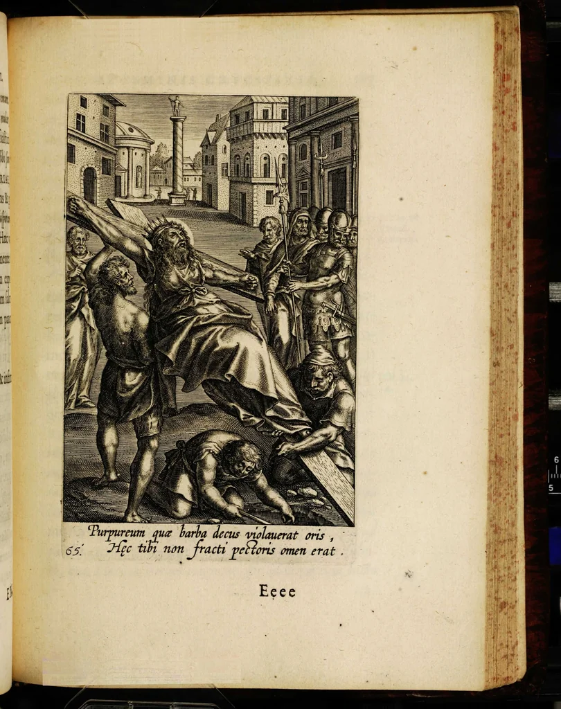 An illustration from Sacrum sanctuarium crucis et patientiae crucifixorum et cruciferorum, emblematicis imaginibus laborantium et aegrotantium ornatum: artifices gloriosi nouae artis bene viuendi et moriendi secundum rationem regulae et circini, 1634, leaf 613