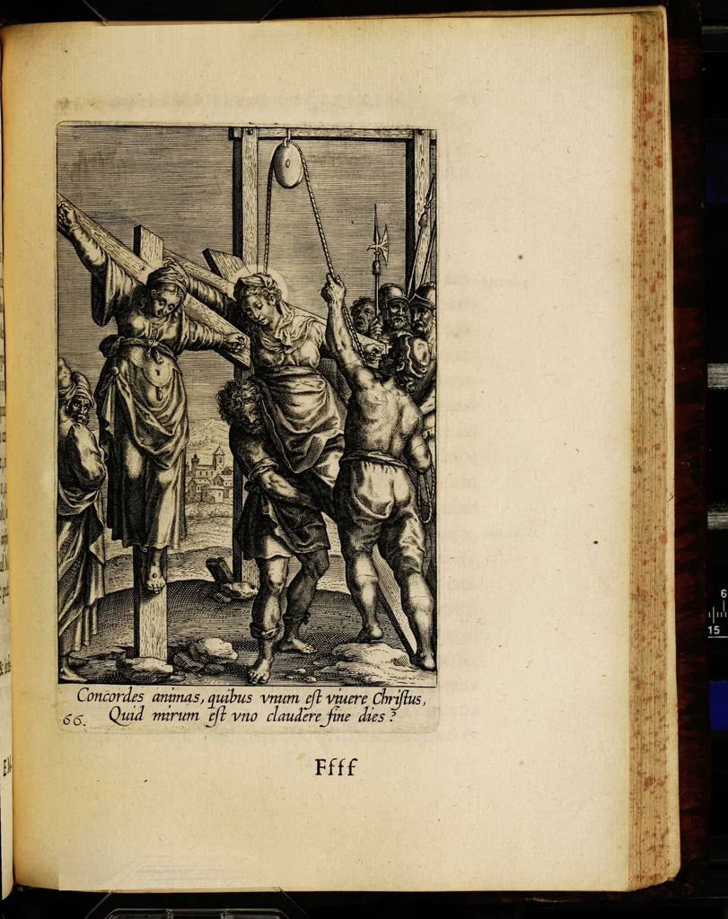 An illustration from Sacrum sanctuarium crucis et patientiae crucifixorum et cruciferorum, emblematicis imaginibus laborantium et aegrotantium ornatum: artifices gloriosi nouae artis bene viuendi et moriendi secundum rationem regulae et circini, 1634, leaf 621