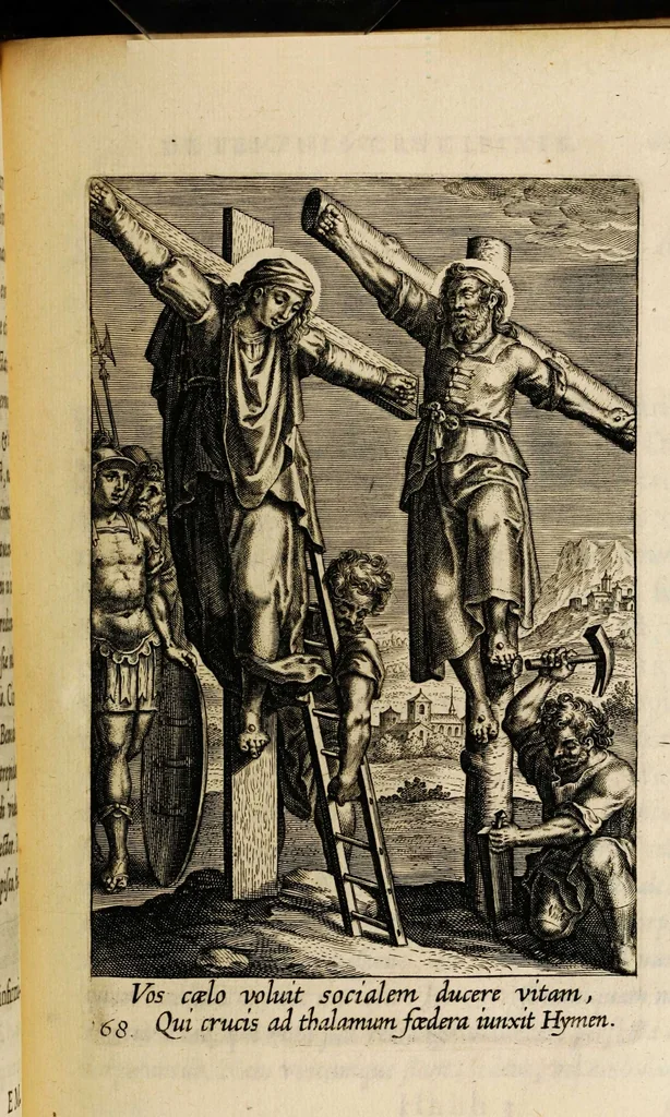 An illustration from Sacrum sanctuarium crucis et patientiae crucifixorum et cruciferorum, emblematicis imaginibus laborantium et aegrotantium ornatum: artifices gloriosi nouae artis bene viuendi et moriendi secundum rationem regulae et circini, 1634, leaf 639