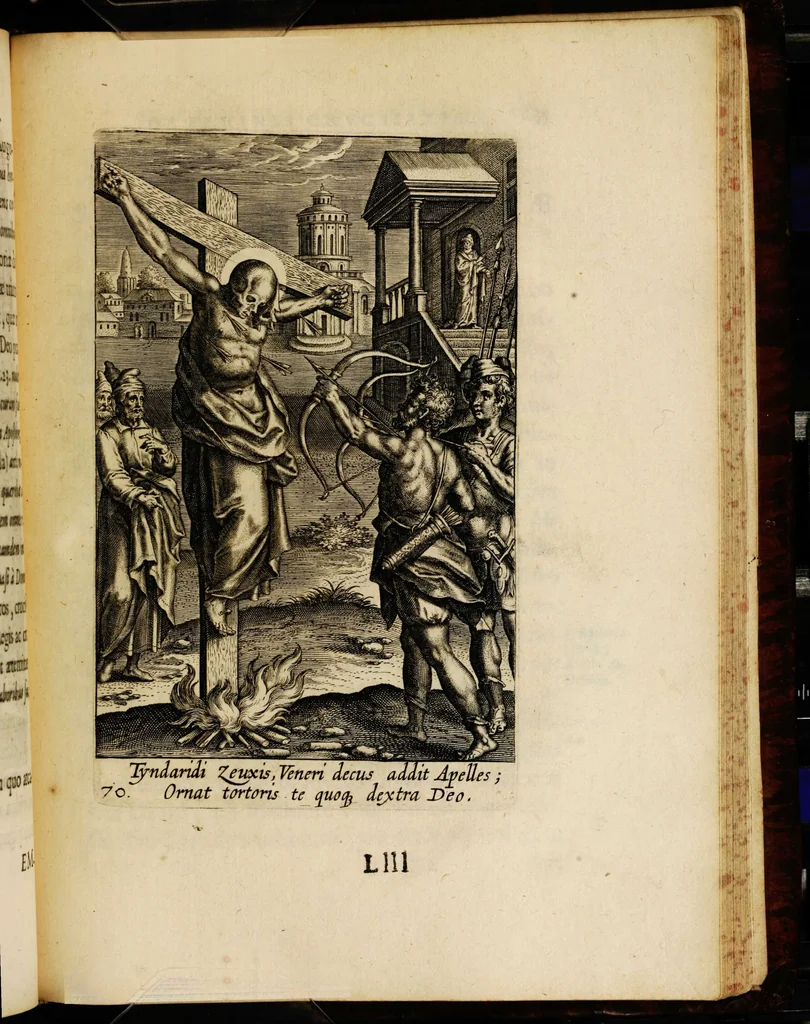 An illustration from Sacrum sanctuarium crucis et patientiae crucifixorum et cruciferorum, emblematicis imaginibus laborantium et aegrotantium ornatum: artifices gloriosi nouae artis bene viuendi et moriendi secundum rationem regulae et circini, 1634, leaf 661