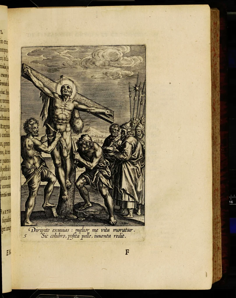 An illustration from Sacrum sanctuarium crucis et patientiae crucifixorum et cruciferorum, emblematicis imaginibus laborantium et aegrotantium ornatum: artifices gloriosi nouae artis bene viuendi et moriendi secundum rationem regulae et circini, 1634, leaf 69