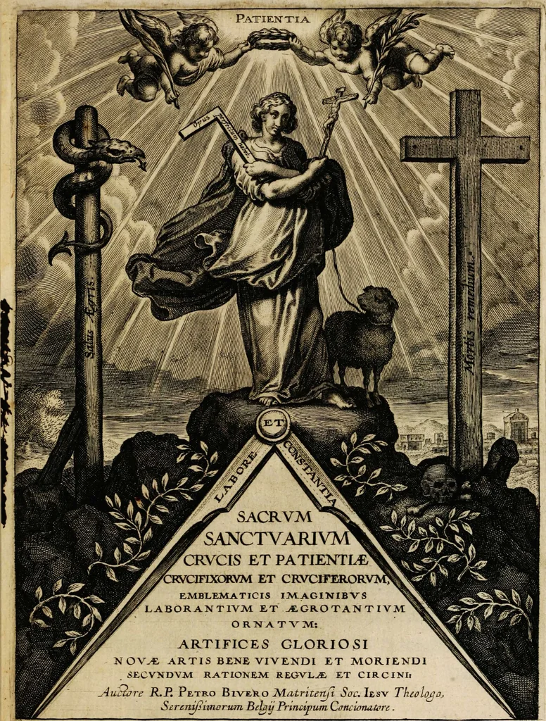 An illustration from Sacrum sanctuarium crucis et patientiae crucifixorum et cruciferorum, emblematicis imaginibus laborantium et aegrotantium ornatum: artifices gloriosi nouae artis bene viuendi et moriendi secundum rationem regulae et circini, 1634, leaf 7