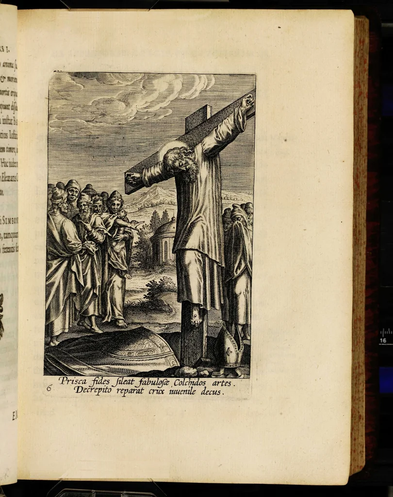 An illustration from Sacrum sanctuarium crucis et patientiae crucifixorum et cruciferorum, emblematicis imaginibus laborantium et aegrotantium ornatum: artifices gloriosi nouae artis bene viuendi et moriendi secundum rationem regulae et circini, 1634, leaf 79