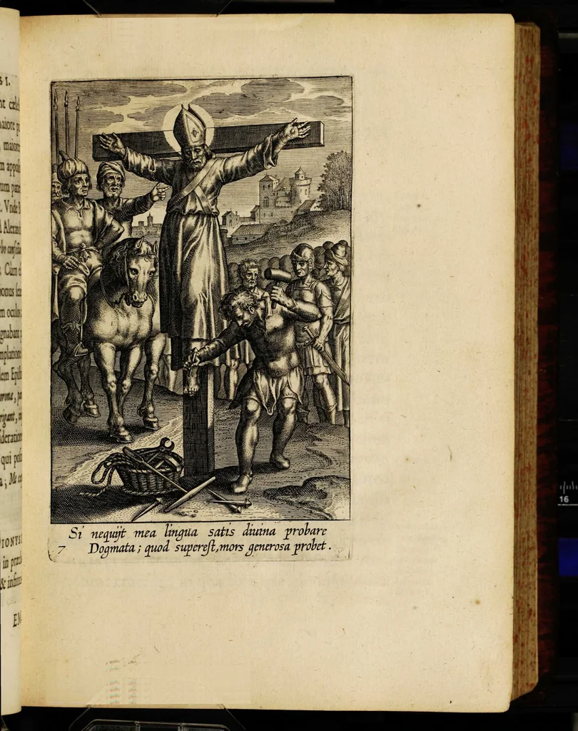 An illustration from Sacrum sanctuarium crucis et patientiae crucifixorum et cruciferorum, emblematicis imaginibus laborantium et aegrotantium ornatum: artifices gloriosi nouae artis bene viuendi et moriendi secundum rationem regulae et circini, 1634, leaf 87