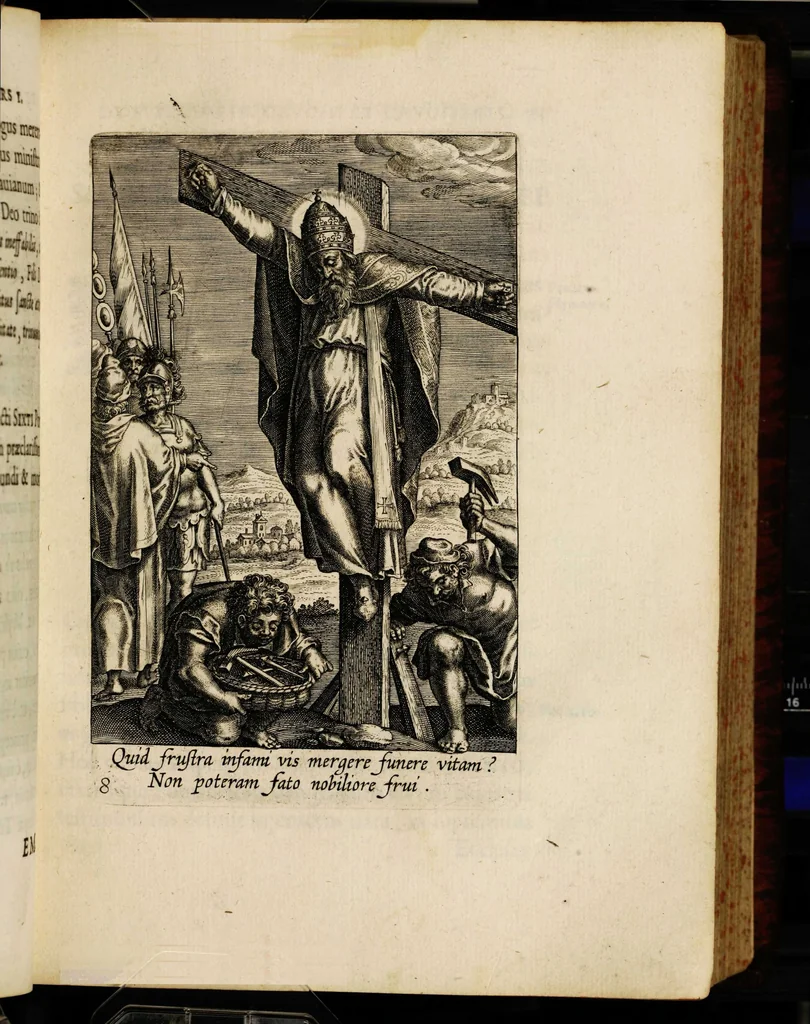 An illustration from Sacrum sanctuarium crucis et patientiae crucifixorum et cruciferorum, emblematicis imaginibus laborantium et aegrotantium ornatum: artifices gloriosi nouae artis bene viuendi et moriendi secundum rationem regulae et circini, 1634, leaf 97
