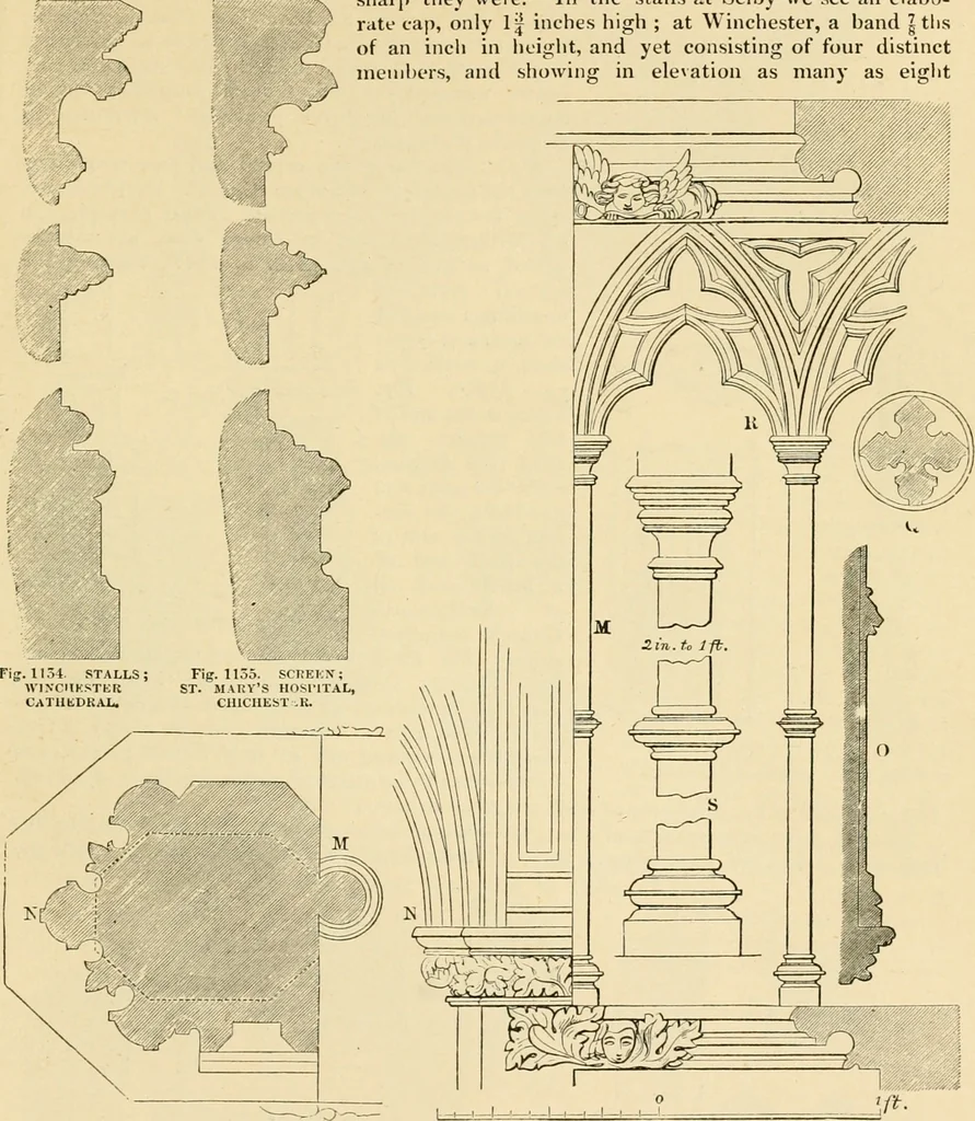 An illustration from An encyclopaedia of architecture, historical, theoretical, & practical. New ed., rev., portions rewritten, and with additions by Wyatt Papworth, 1888, leaf 1006