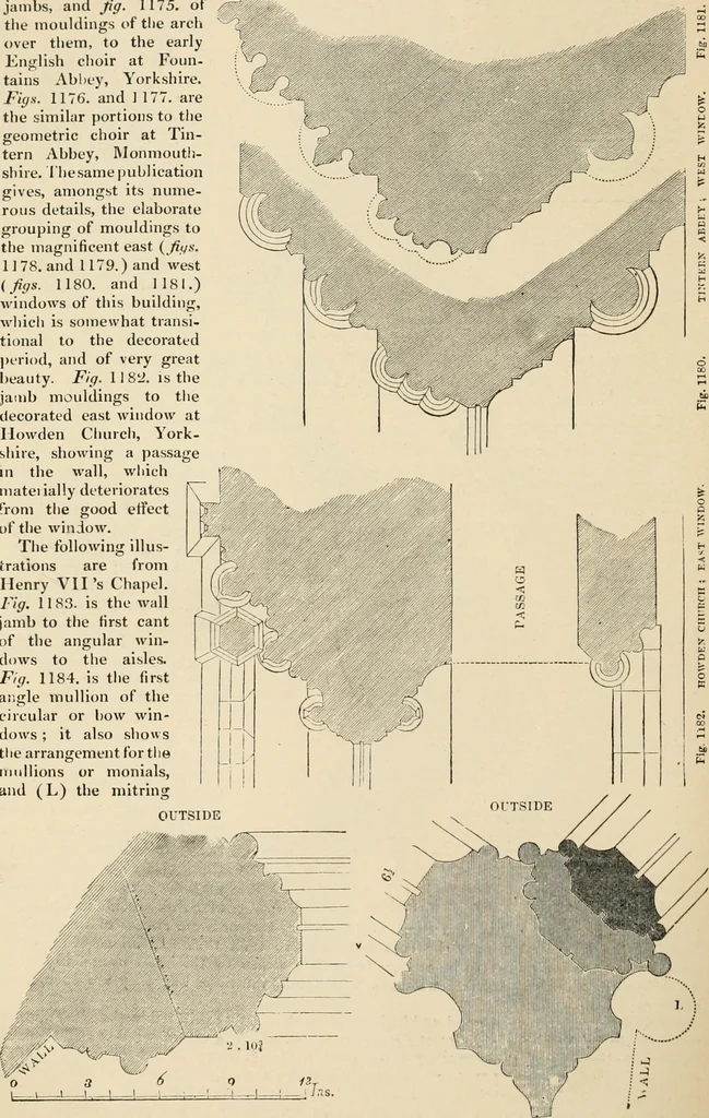 An illustration from An encyclopaedia of architecture, historical, theoretical, & practical. New ed., rev., portions rewritten, and with additions by Wyatt Papworth, 1888, leaf 1013