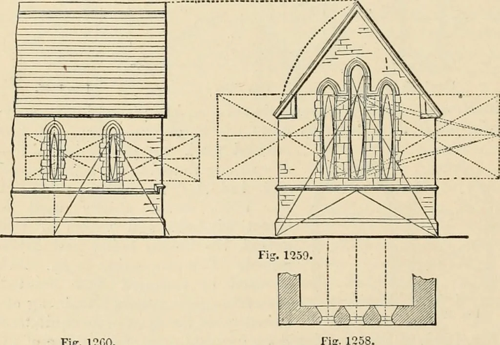 An illustration from An encyclopaedia of architecture, historical, theoretical, & practical. New ed., rev., portions rewritten, and with additions by Wyatt Papworth, 1888, leaf 1039