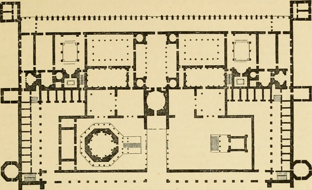 An illustration from An encyclopaedia of architecture, historical, theoretical, & practical. New ed., rev., portions rewritten, and with additions by Wyatt Papworth, 1888, leaf 104