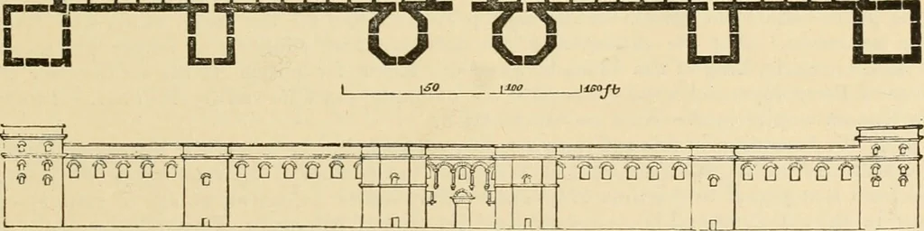 An illustration from An encyclopaedia of architecture, historical, theoretical, & practical. New ed., rev., portions rewritten, and with additions by Wyatt Papworth, 1888, leaf 104