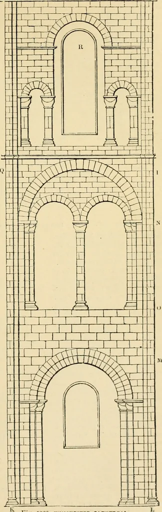 An illustration from An encyclopaedia of architecture, historical, theoretical, & practical. New ed., rev., portions rewritten, and with additions by Wyatt Papworth, 1888, leaf 1042