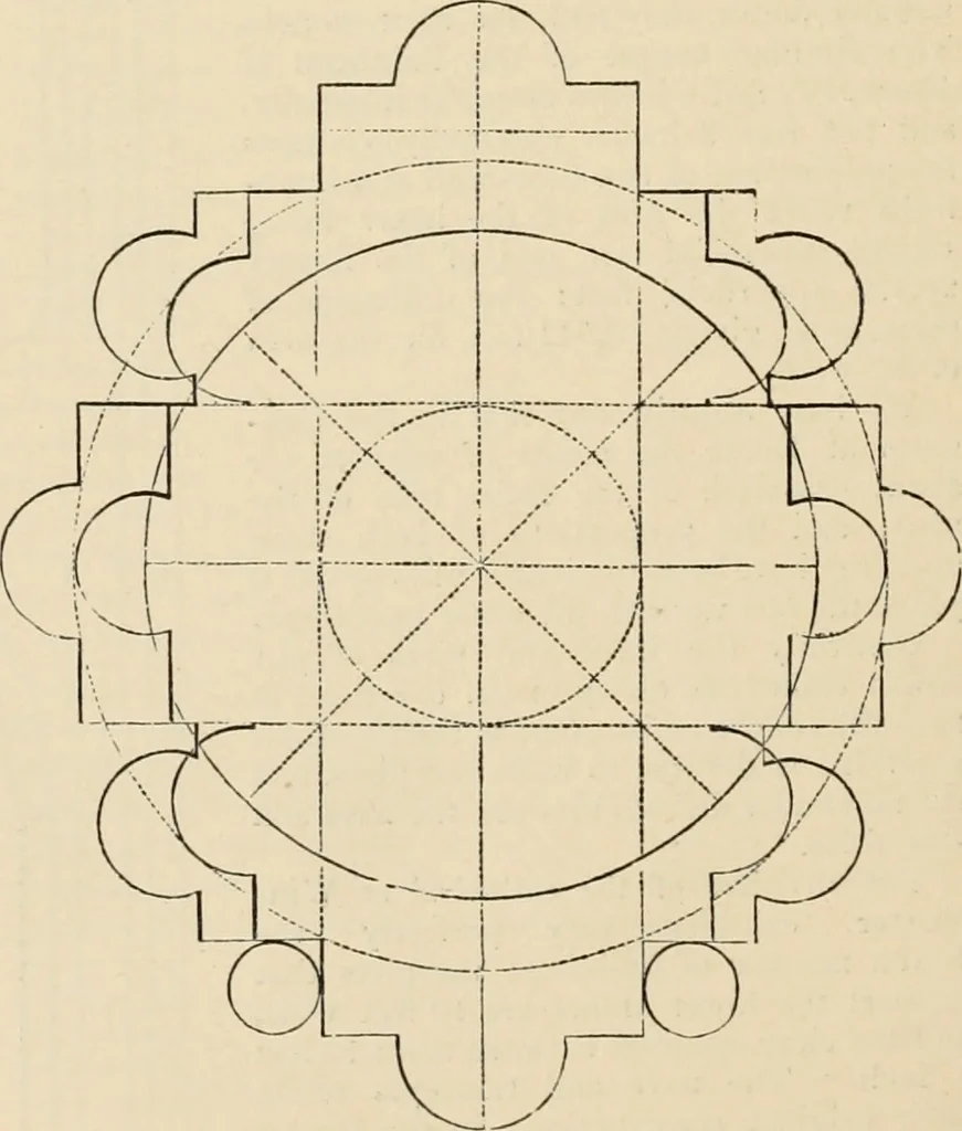 An illustration from An encyclopaedia of architecture, historical, theoretical, & practical. New ed., rev., portions rewritten, and with additions by Wyatt Papworth, 1888, leaf 1043