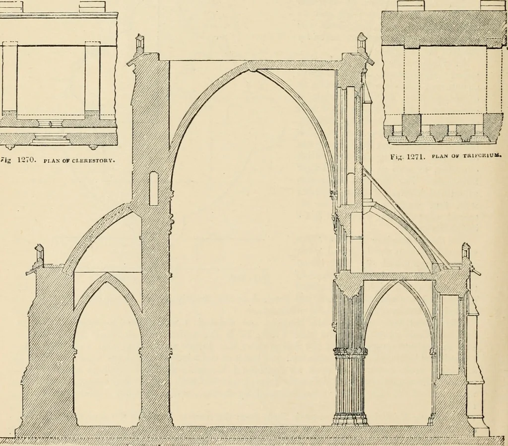 An illustration from An encyclopaedia of architecture, historical, theoretical, & practical. New ed., rev., portions rewritten, and with additions by Wyatt Papworth, 1888, leaf 1045