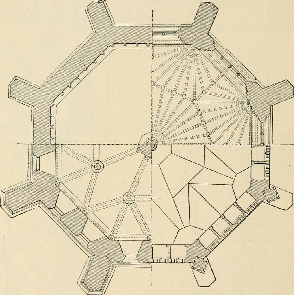 An illustration from An encyclopaedia of architecture, historical, theoretical, & practical. New ed., rev., portions rewritten, and with additions by Wyatt Papworth, 1888, leaf 1047