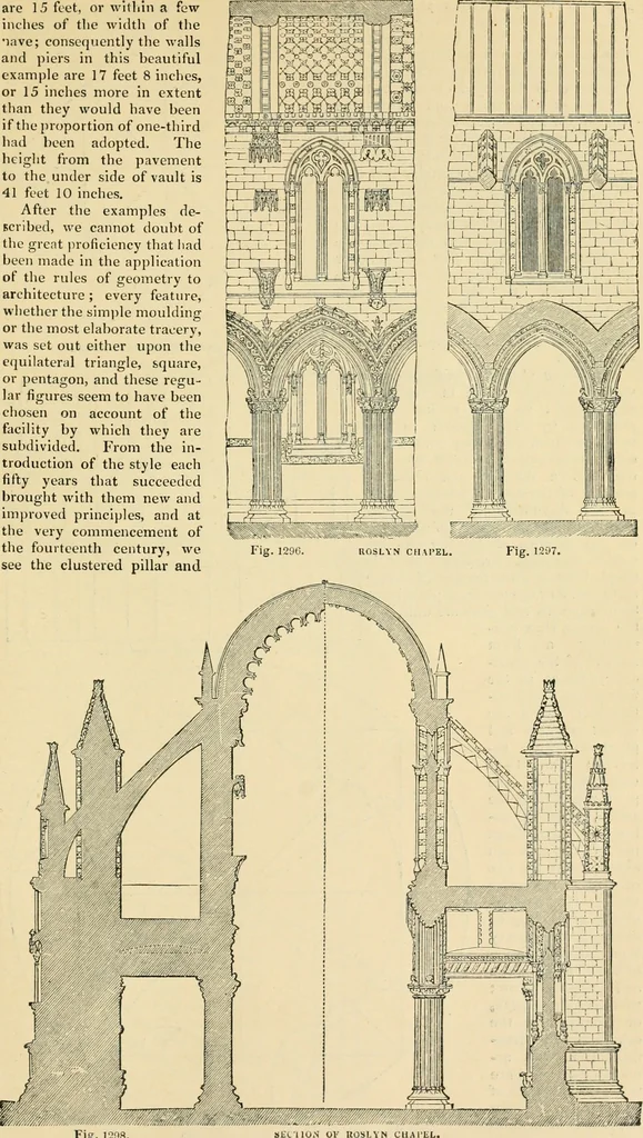 An illustration from An encyclopaedia of architecture, historical, theoretical, & practical. New ed., rev., portions rewritten, and with additions by Wyatt Papworth, 1888, leaf 1060