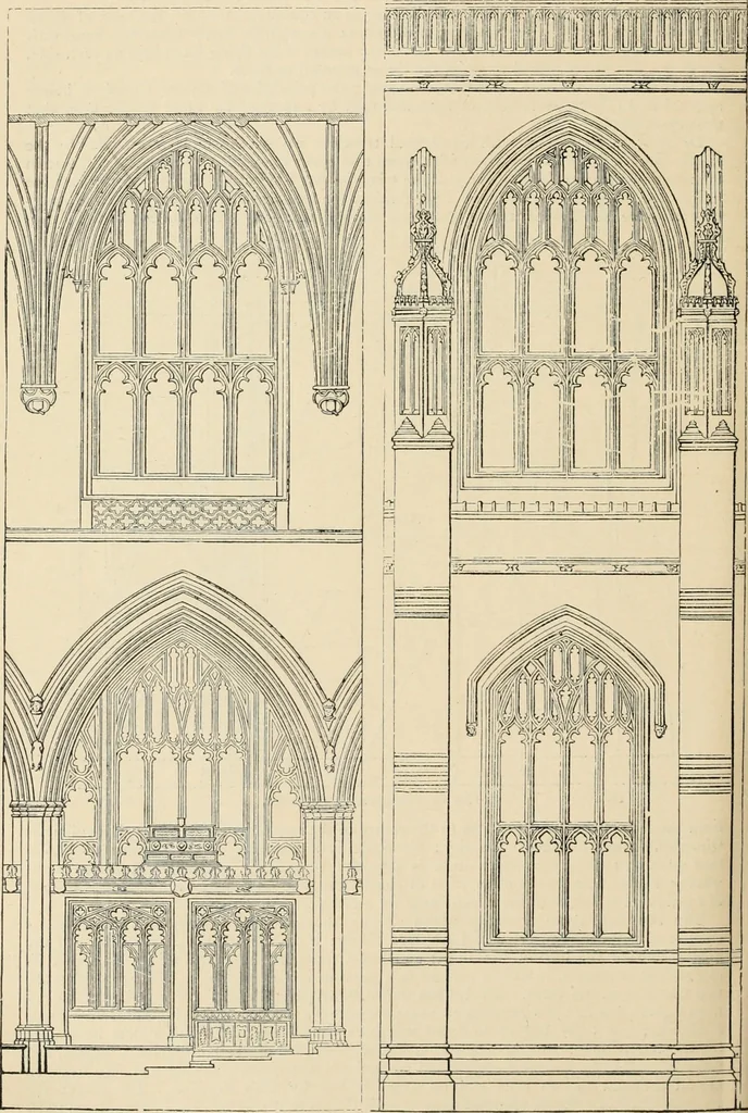 An illustration from An encyclopaedia of architecture, historical, theoretical, & practical. New ed., rev., portions rewritten, and with additions by Wyatt Papworth, 1888, leaf 1065