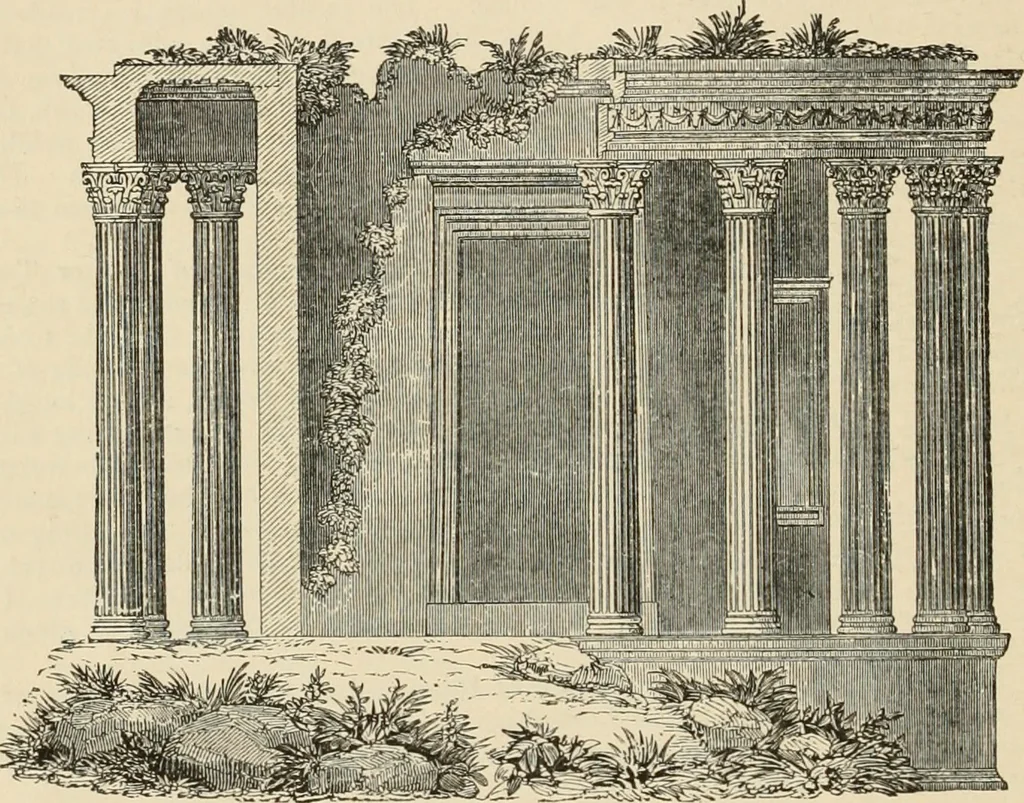 An illustration from An encyclopaedia of architecture, historical, theoretical, & practical. New ed., rev., portions rewritten, and with additions by Wyatt Papworth, 1888, leaf 107