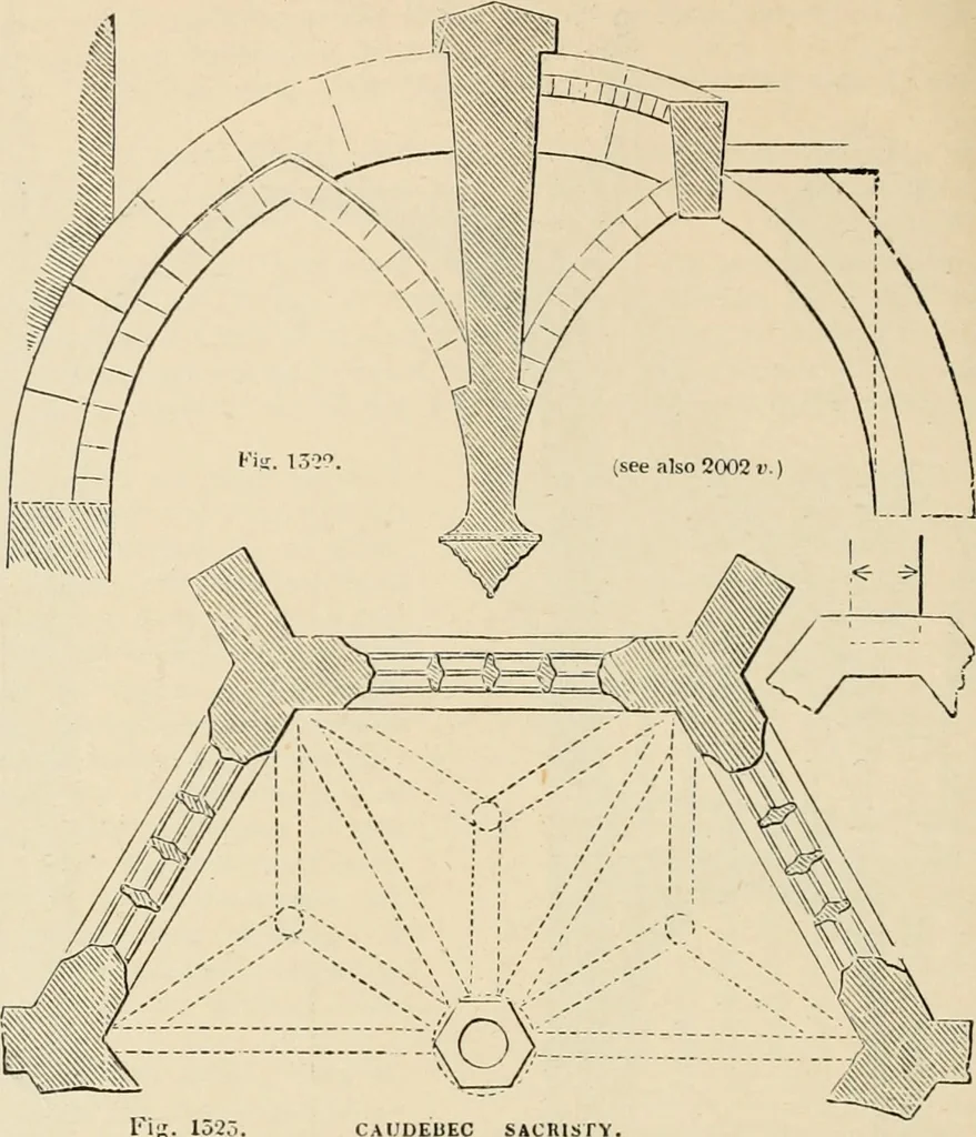 An illustration from An encyclopaedia of architecture, historical, theoretical, & practical. New ed., rev., portions rewritten, and with additions by Wyatt Papworth, 1888, leaf 1075