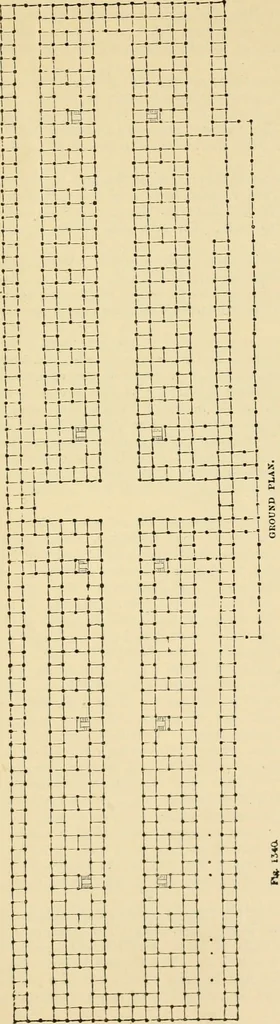 An illustration from An encyclopaedia of architecture, historical, theoretical, & practical. New ed., rev., portions rewritten, and with additions by Wyatt Papworth, 1888, leaf 1084