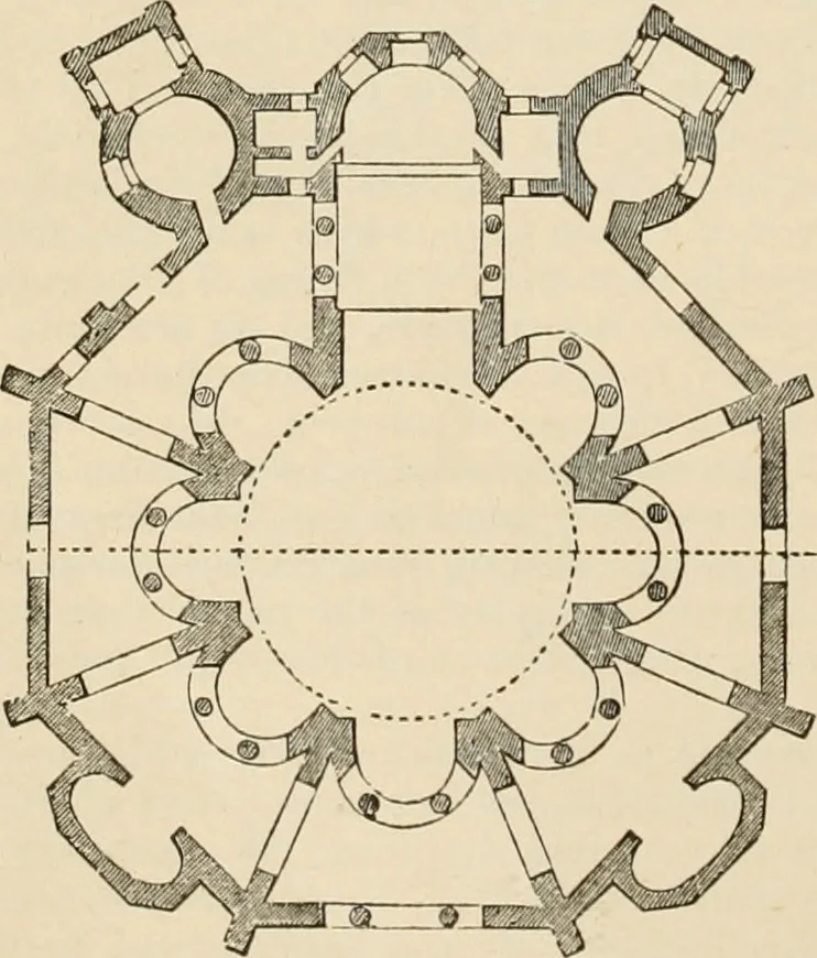 An illustration from An encyclopaedia of architecture, historical, theoretical, & practical. New ed., rev., portions rewritten, and with additions by Wyatt Papworth, 1888, leaf 133