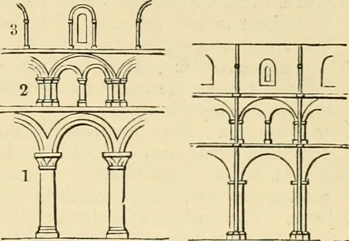 An illustration from An encyclopaedia of architecture, historical, theoretical, & practical. New ed., rev., portions rewritten, and with additions by Wyatt Papworth, 1888, leaf 1344