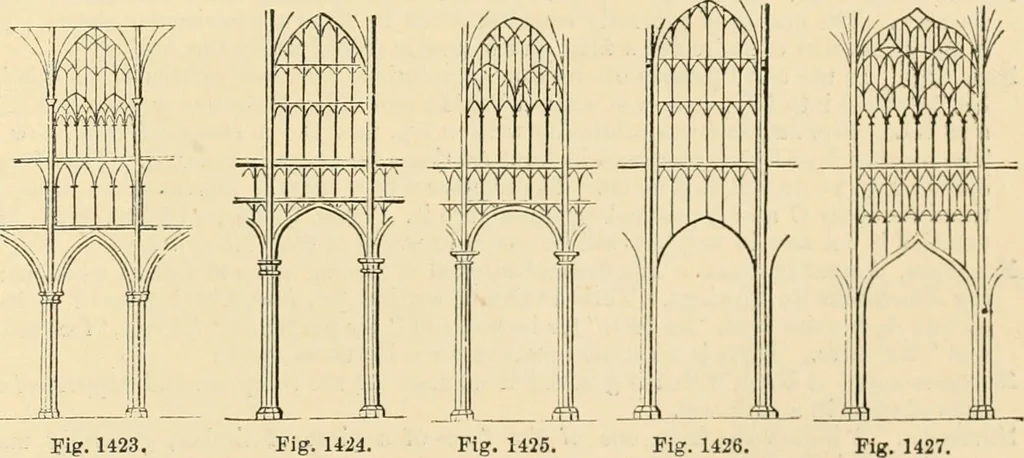 An illustration from An encyclopaedia of architecture, historical, theoretical, & practical. New ed., rev., portions rewritten, and with additions by Wyatt Papworth, 1888, leaf 1344