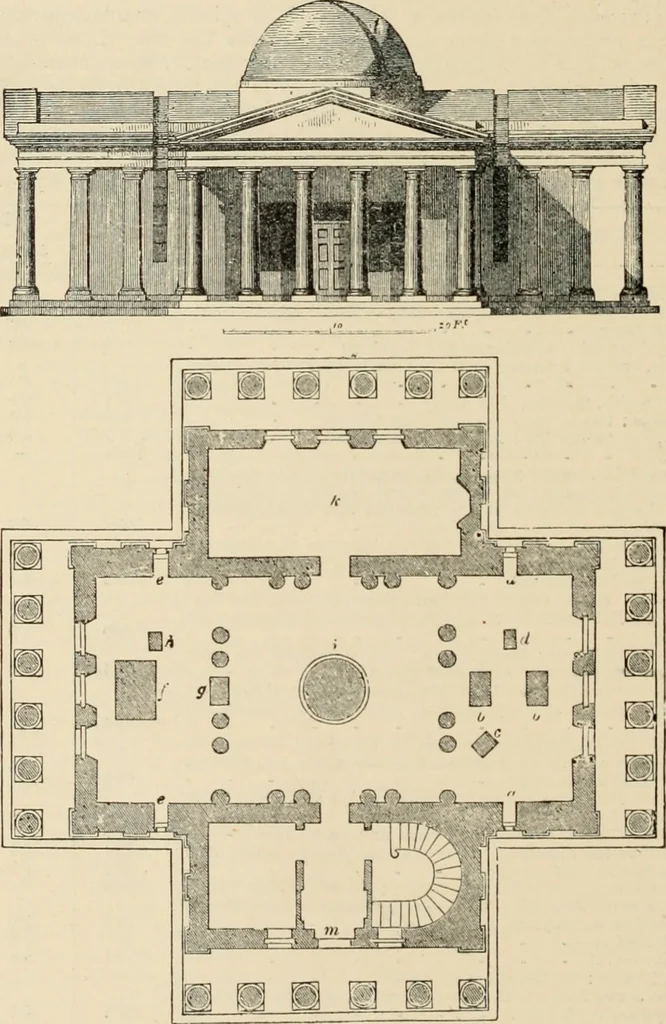 An illustration from An encyclopaedia of architecture, historical, theoretical, & practical. New ed., rev., portions rewritten, and with additions by Wyatt Papworth, 1888, leaf 1347