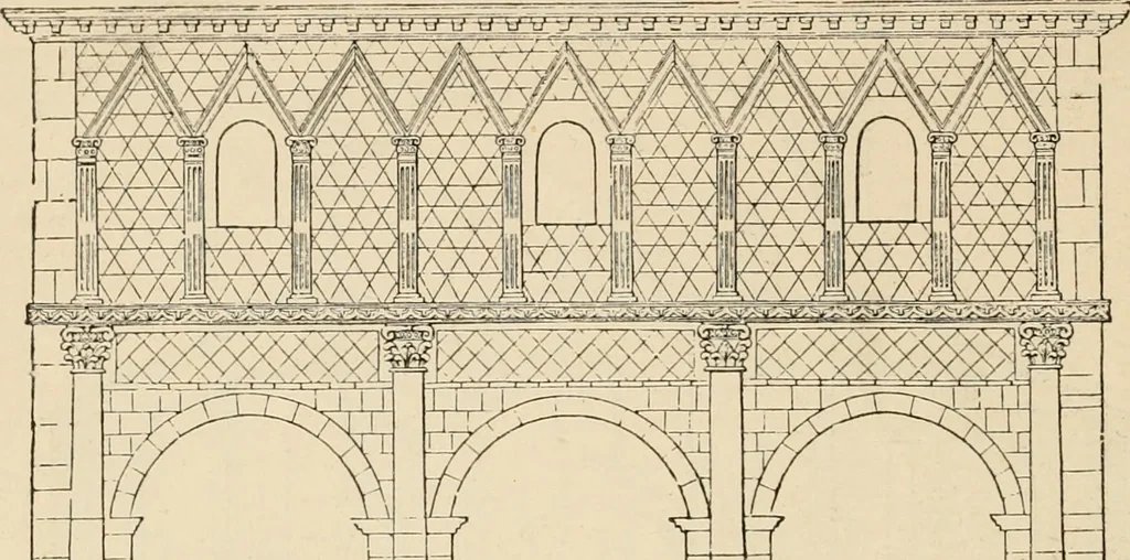 An illustration from An encyclopaedia of architecture, historical, theoretical, & practical. New ed., rev., portions rewritten, and with additions by Wyatt Papworth, 1888, leaf 135