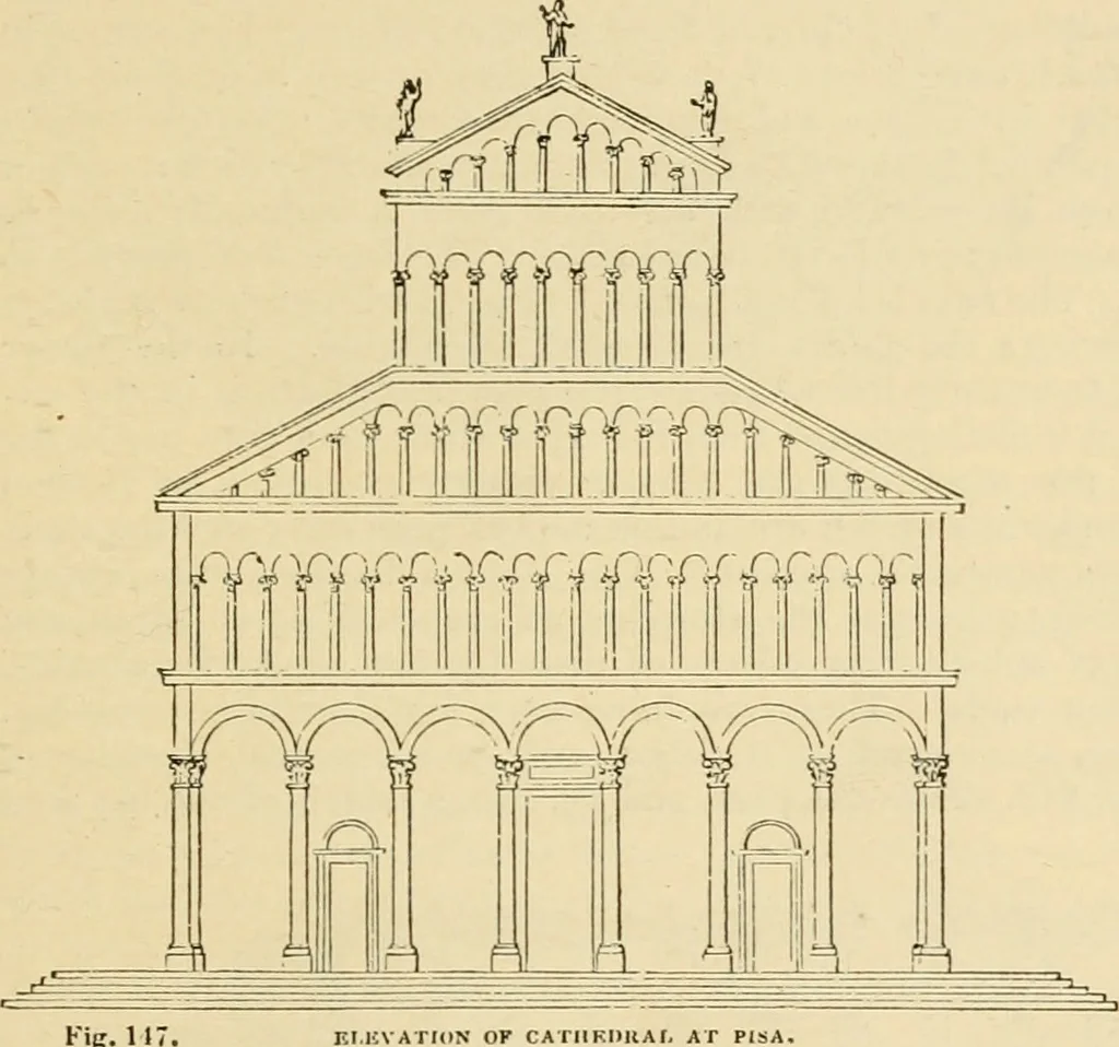 An illustration from An encyclopaedia of architecture, historical, theoretical, & practical. New ed., rev., portions rewritten, and with additions by Wyatt Papworth, 1888, leaf 136