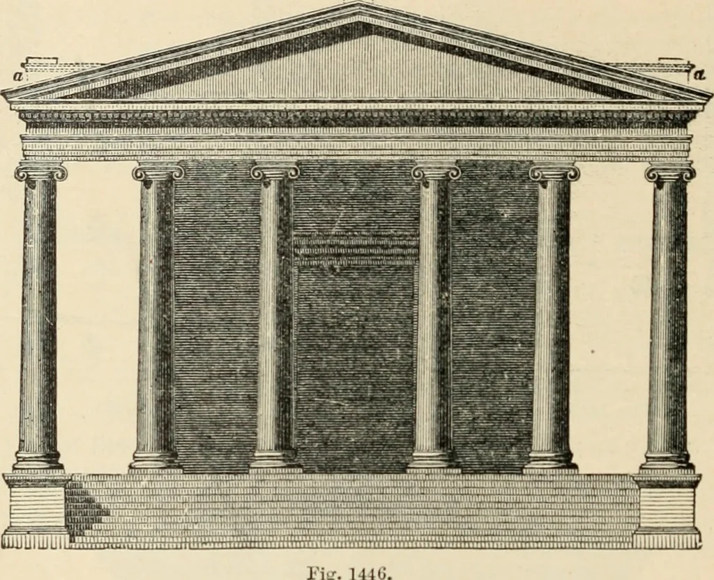 An illustration from An encyclopaedia of architecture, historical, theoretical, & practical. New ed., rev., portions rewritten, and with additions by Wyatt Papworth, 1888, leaf 1391