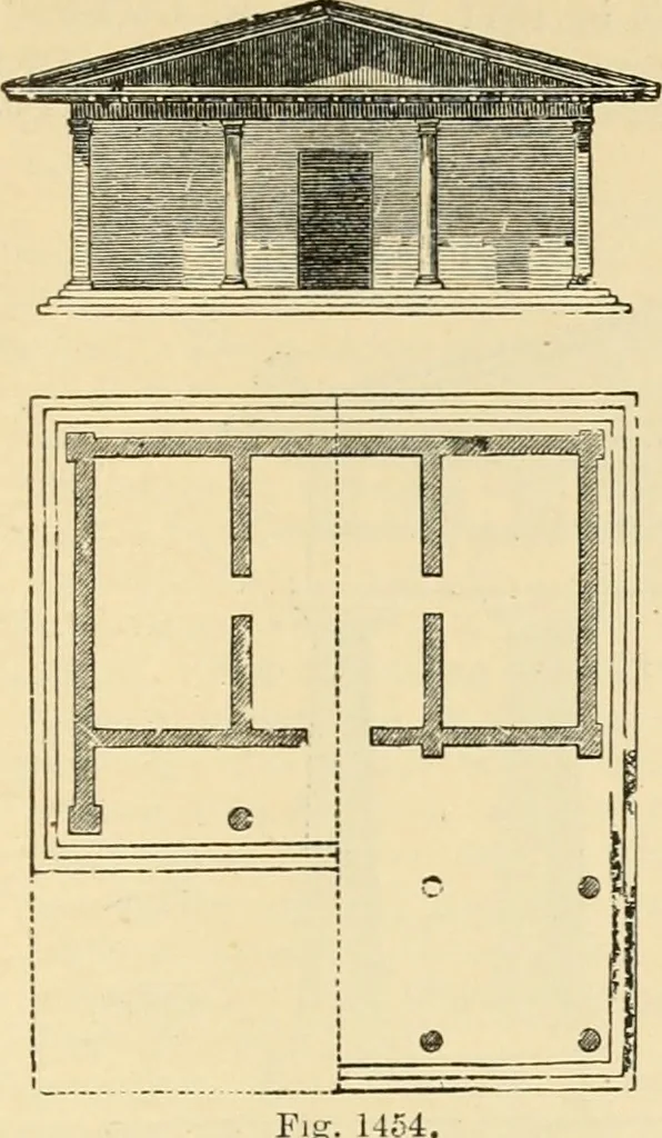 An illustration from An encyclopaedia of architecture, historical, theoretical, & practical. New ed., rev., portions rewritten, and with additions by Wyatt Papworth, 1888, leaf 1394