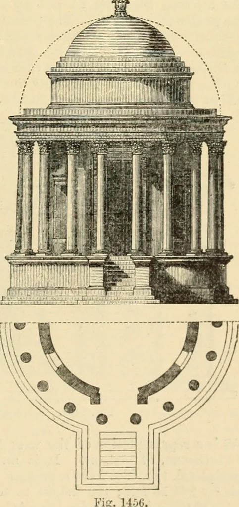 An illustration from An encyclopaedia of architecture, historical, theoretical, & practical. New ed., rev., portions rewritten, and with additions by Wyatt Papworth, 1888, leaf 1394