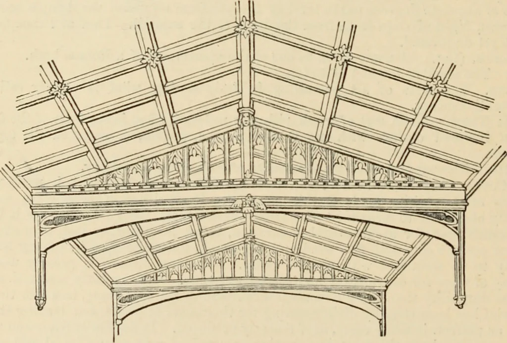 An illustration from An encyclopaedia of architecture, historical, theoretical, & practical. New ed., rev., portions rewritten, and with additions by Wyatt Papworth, 1888, leaf 1397