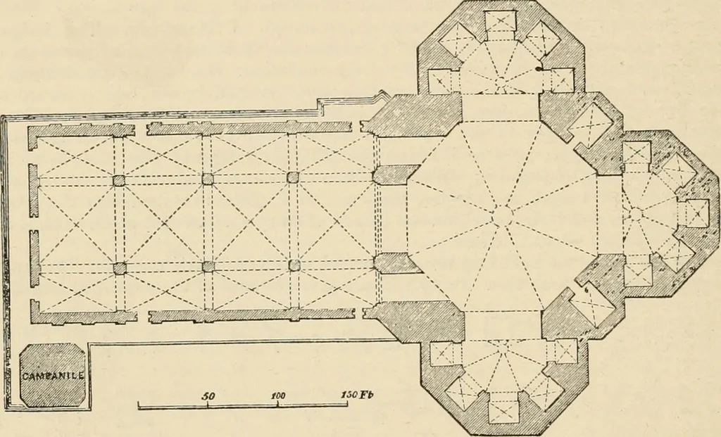 An illustration from An encyclopaedia of architecture, historical, theoretical, & practical. New ed., rev., portions rewritten, and with additions by Wyatt Papworth, 1888, leaf 153