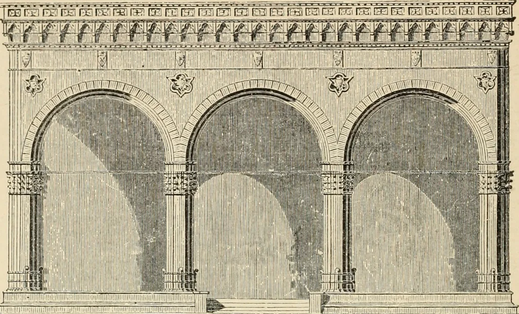 An illustration from An encyclopaedia of architecture, historical, theoretical, & practical. New ed., rev., portions rewritten, and with additions by Wyatt Papworth, 1888, leaf 157
