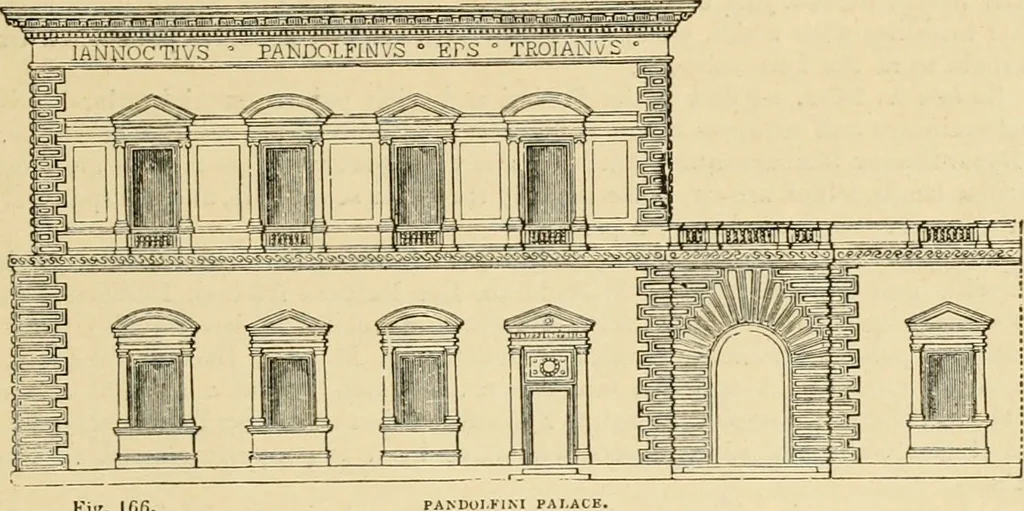 An illustration from An encyclopaedia of architecture, historical, theoretical, & practical. New ed., rev., portions rewritten, and with additions by Wyatt Papworth, 1888, leaf 158