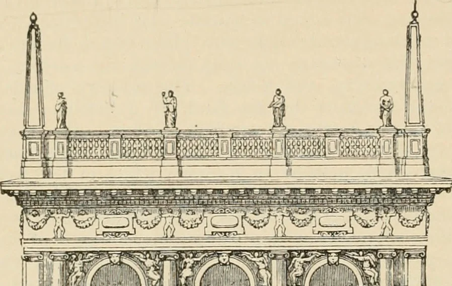 An illustration from An encyclopaedia of architecture, historical, theoretical, & practical. New ed., rev., portions rewritten, and with additions by Wyatt Papworth, 1888, leaf 169