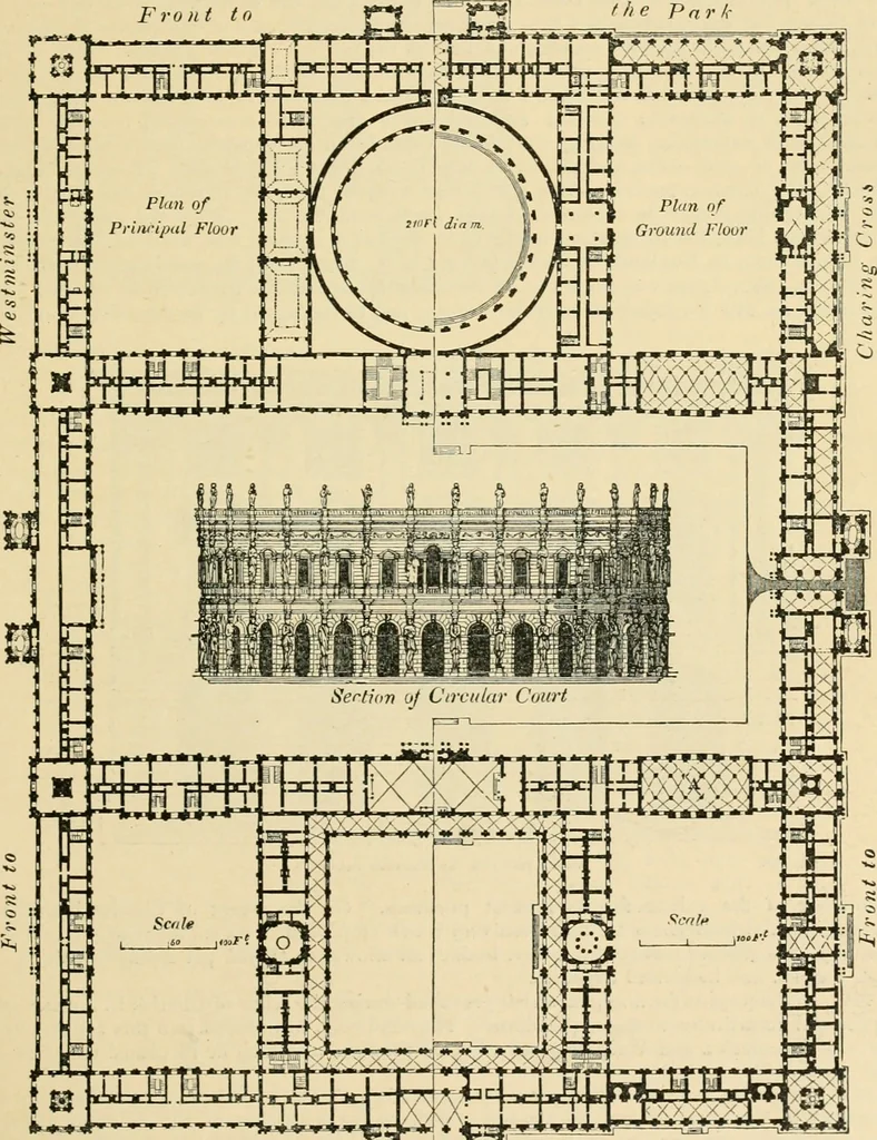 An illustration from An encyclopaedia of architecture, historical, theoretical, & practical. New ed., rev., portions rewritten, and with additions by Wyatt Papworth, 1888, leaf 228