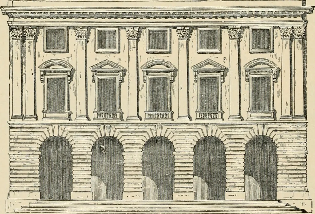 An illustration from An encyclopaedia of architecture, historical, theoretical, & practical. New ed., rev., portions rewritten, and with additions by Wyatt Papworth, 1888, leaf 229