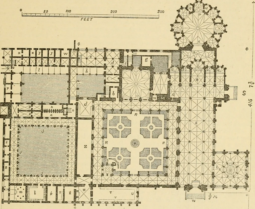 An illustration from An encyclopaedia of architecture, historical, theoretical, & practical. New ed., rev., portions rewritten, and with additions by Wyatt Papworth, 1888, leaf 278