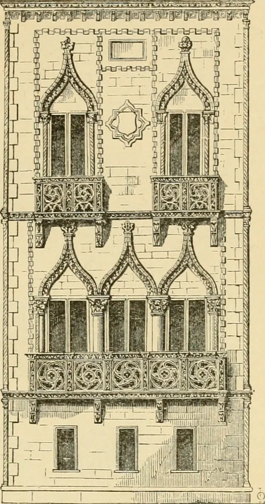 An illustration from An encyclopaedia of architecture, historical, theoretical, & practical. New ed., rev., portions rewritten, and with additions by Wyatt Papworth, 1888, leaf 280