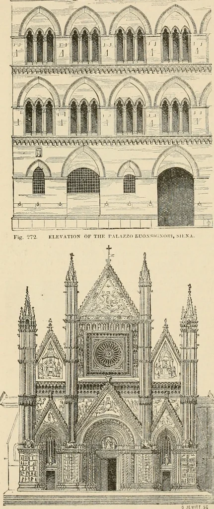 An illustration from An encyclopaedia of architecture, historical, theoretical, & practical. New ed., rev., portions rewritten, and with additions by Wyatt Papworth, 1888, leaf 281