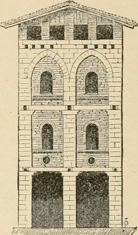 An illustration from An encyclopaedia of architecture, historical, theoretical, & practical. New ed., rev., portions rewritten, and with additions by Wyatt Papworth, 1888, leaf 281