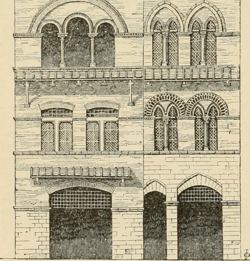 An illustration from An encyclopaedia of architecture, historical, theoretical, & practical. New ed., rev., portions rewritten, and with additions by Wyatt Papworth, 1888, leaf 283
