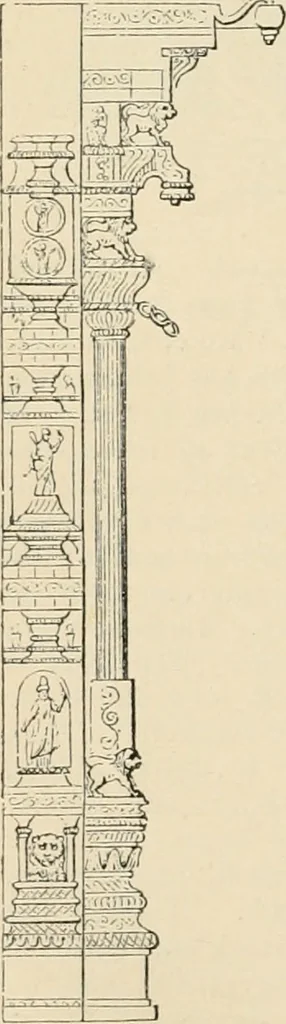 An illustration from An encyclopaedia of architecture, historical, theoretical, & practical. New ed., rev., portions rewritten, and with additions by Wyatt Papworth, 1888, leaf 49