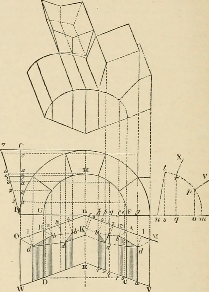 An illustration from An encyclopaedia of architecture, historical, theoretical, & practical. New ed., rev., portions rewritten, and with additions by Wyatt Papworth, 1888, leaf 623