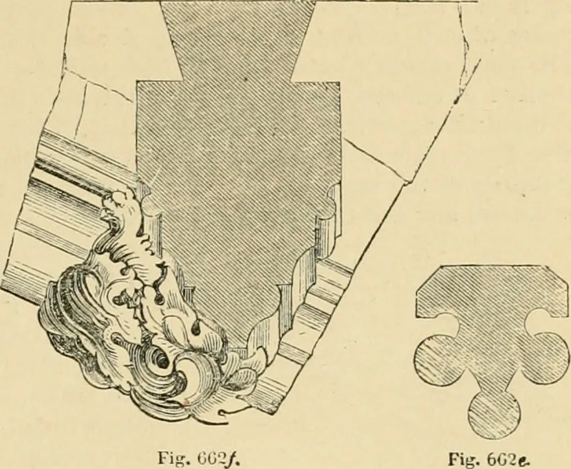 An illustration from An encyclopaedia of architecture, historical, theoretical, & practical. New ed., rev., portions rewritten, and with additions by Wyatt Papworth, 1888, leaf 630