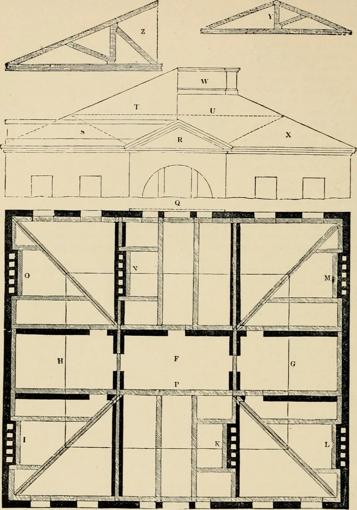 An illustration from An encyclopaedia of architecture, historical, theoretical, & practical. New ed., rev., portions rewritten, and with additions by Wyatt Papworth, 1888, leaf 661