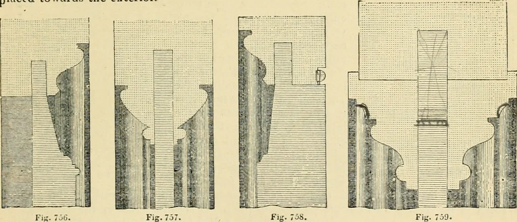 An illustration from An encyclopaedia of architecture, historical, theoretical, & practical. New ed., rev., portions rewritten, and with additions by Wyatt Papworth, 1888, leaf 678