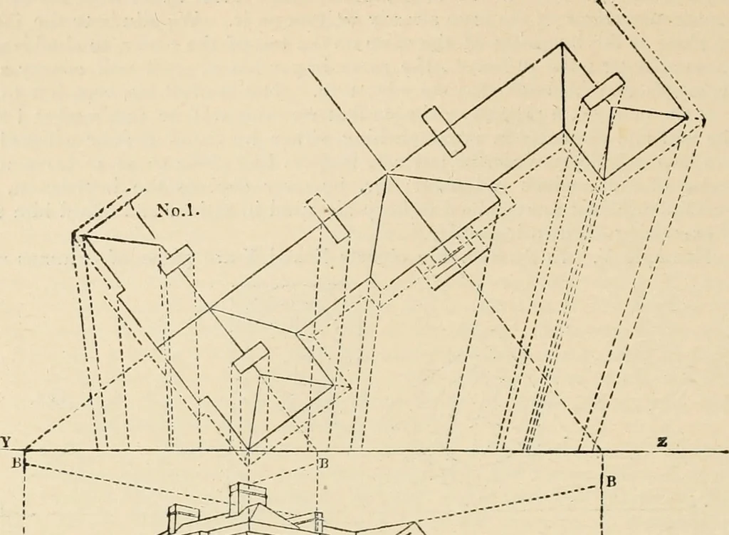 An illustration from An encyclopaedia of architecture, historical, theoretical, & practical. New ed., rev., portions rewritten, and with additions by Wyatt Papworth, 1888, leaf 841